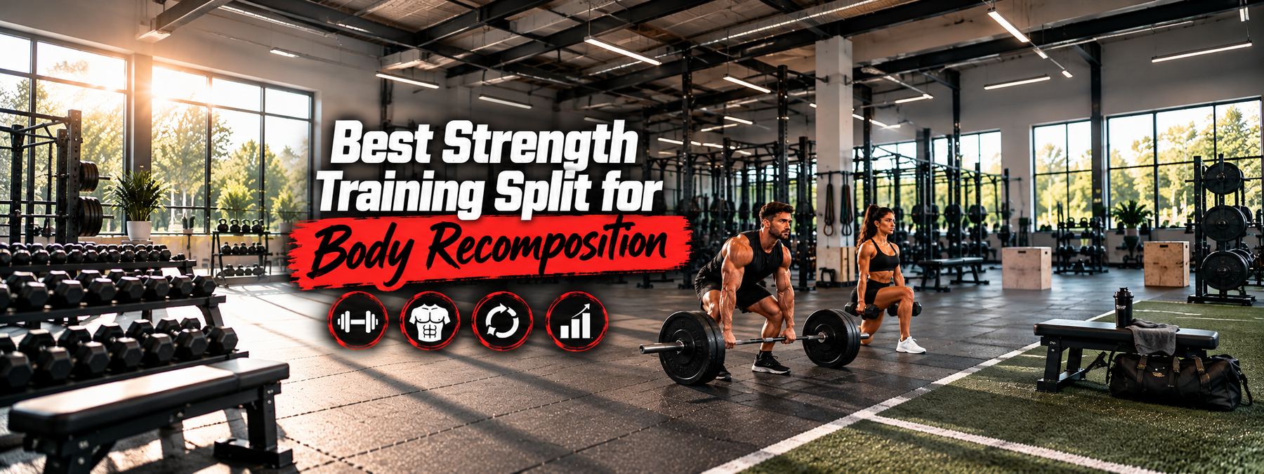 Muscular man performing a barbell deadlift and athletic woman doing dumbbell lunges in a gym, highlighting the best strength training split for body recomposition.