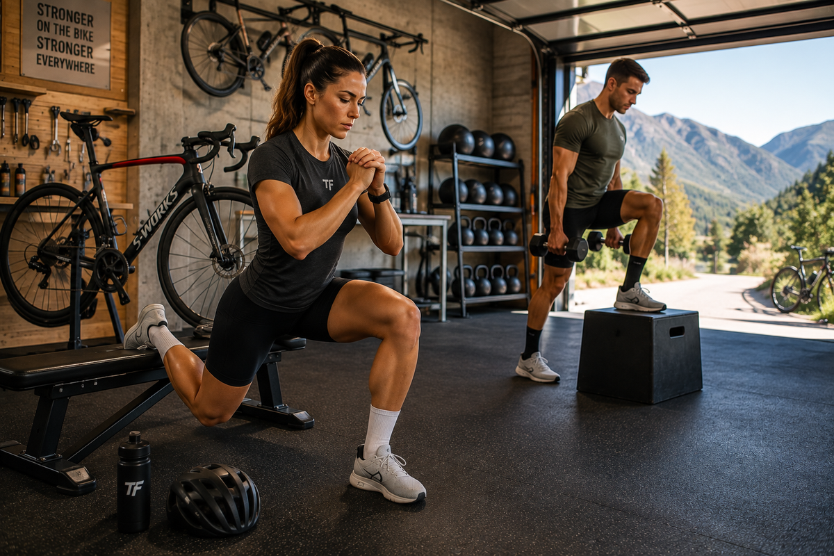 Male and female cyclists performing strength exercises with road bikes nearby in a bright cycling training gym.