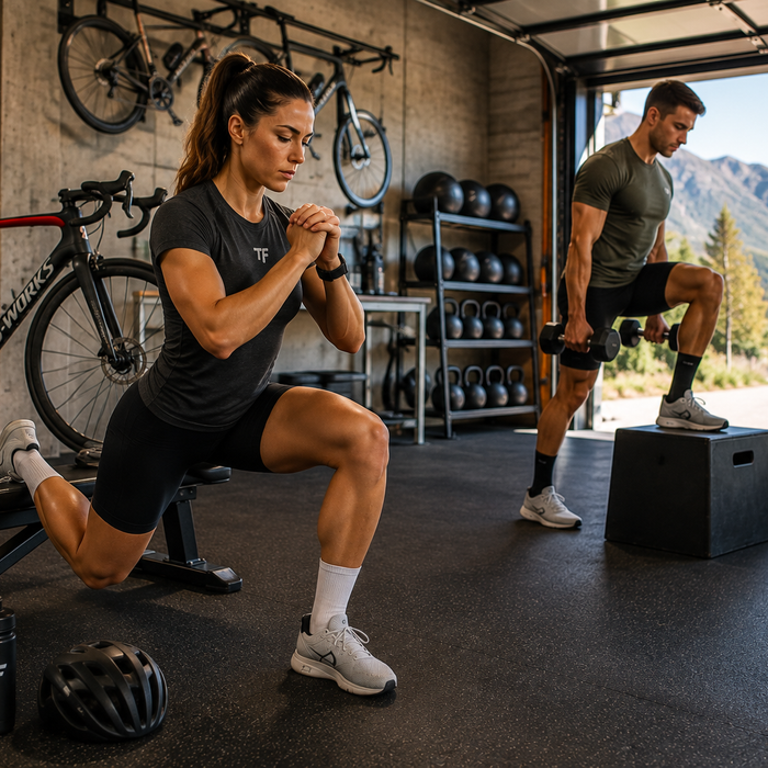 Male and female cyclists performing strength exercises with road bikes nearby in a bright cycling training gym.
