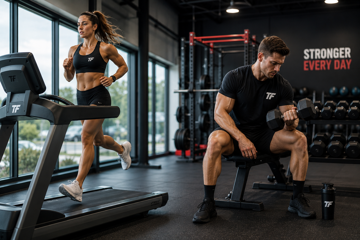 Female athlete running on a treadmill while a male athlete lifts dumbbells during a hybrid strength and running workout