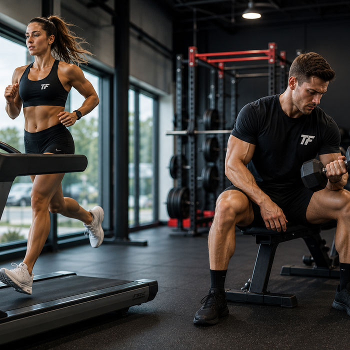 Female athlete running on a treadmill while a male athlete lifts dumbbells during a hybrid strength and running workout