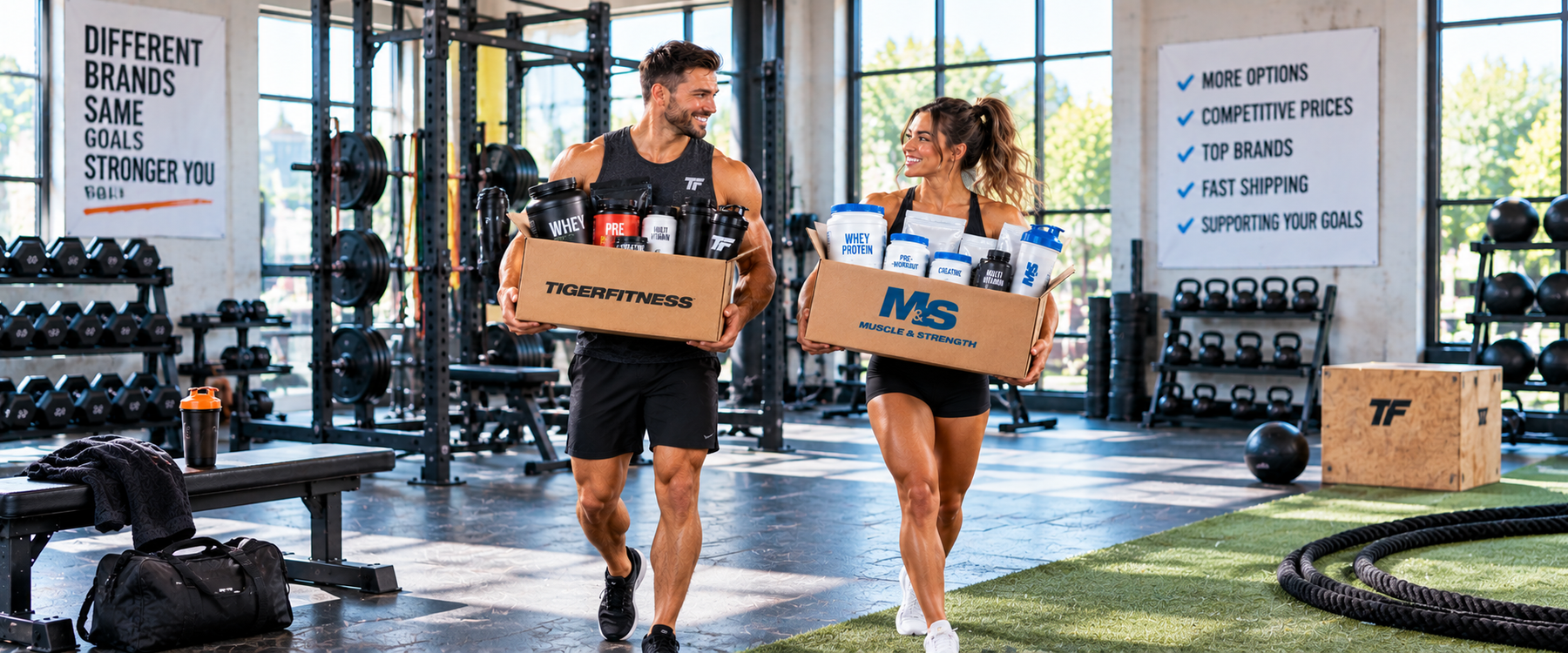 Tiger Fitness and Muscle & Strength supplement comparison in a gym setting