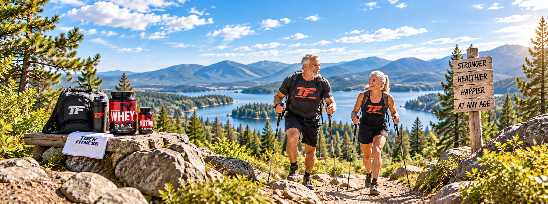 Active adults over 65 hiking by a mountain lake with MTS Machine Whey and Machine Motion supplements.