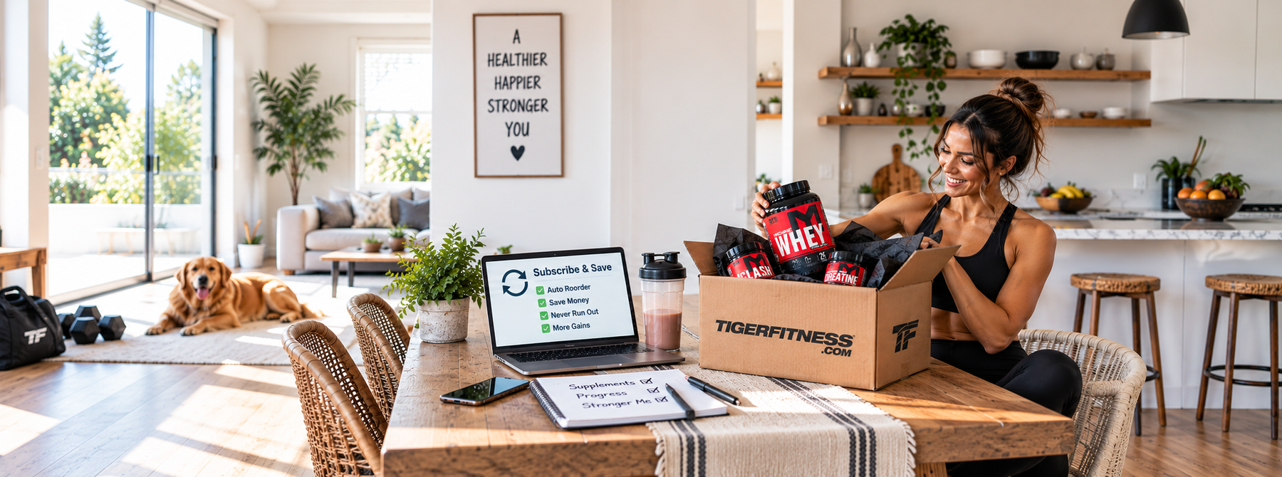 Woman receiving a Tiger Fitness supplement delivery while setting up Subscribe & Save auto reorder on her laptop.