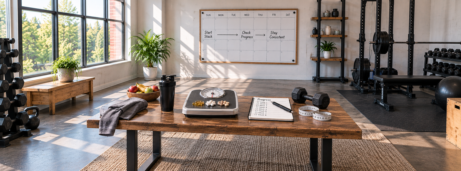 Scale with supplements, measuring tape, progress tracker, and workout equipment representing the timeline for fat loss supplement results.