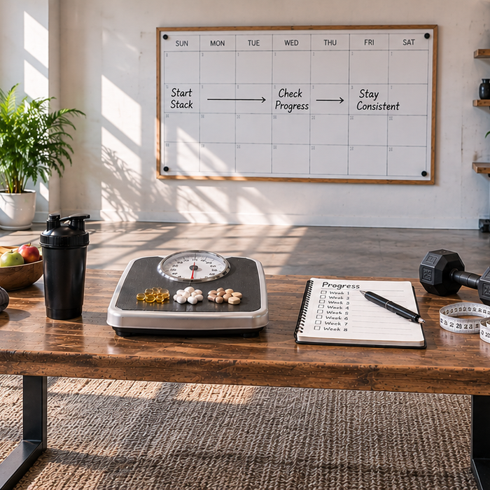 Scale with supplements, measuring tape, progress tracker, and workout equipment representing the timeline for fat loss supplement results.