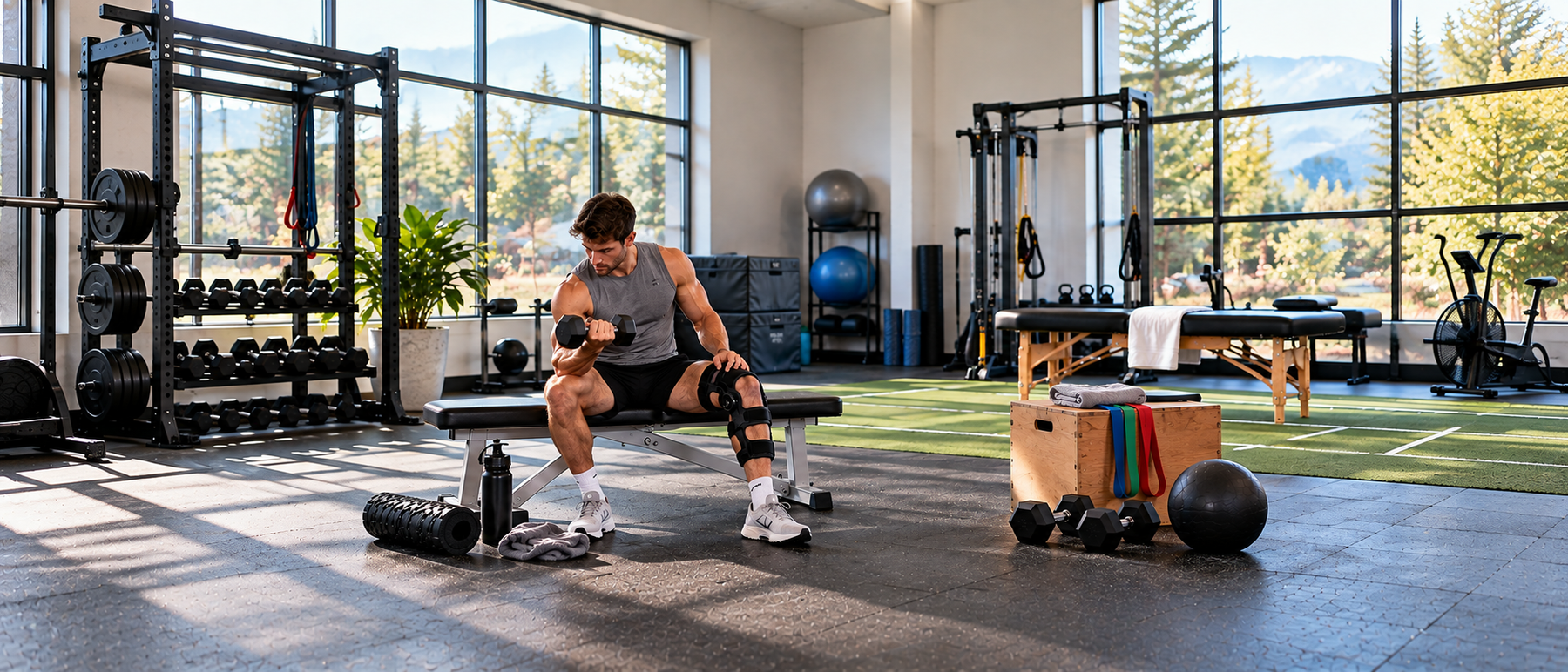 Athletic man wearing a knee brace performing dumbbell curls in a rehabilitation gym, demonstrating strength training to prevent muscle atrophy during injury recovery.