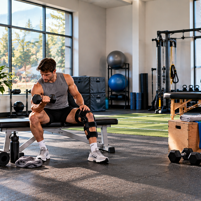 Athletic man wearing a knee brace performing dumbbell curls in a rehabilitation gym, demonstrating strength training to prevent muscle atrophy during injury recovery.
