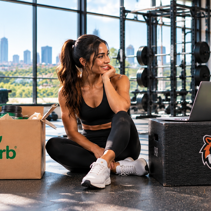 Fit female athlete in a bright gym comparing iHerb supplements with an online fitness supplement retailer.