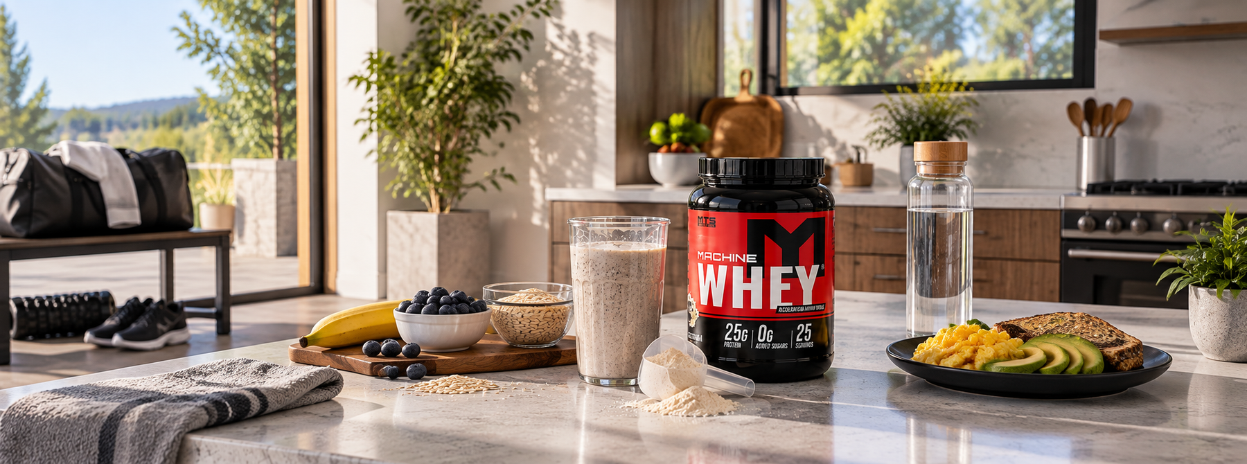 MTS Nutrition Machine Whey protein powder displayed with a protein shake and healthy foods in a bright, modern kitchen.