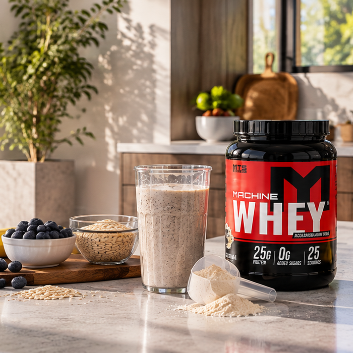 MTS Nutrition Machine Whey protein powder displayed with a protein shake and healthy foods in a bright, modern kitchen.