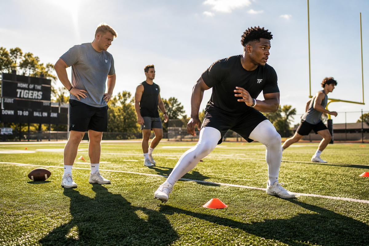 Football players performing agility drills on the field during an off-season strength and conditioning workout.