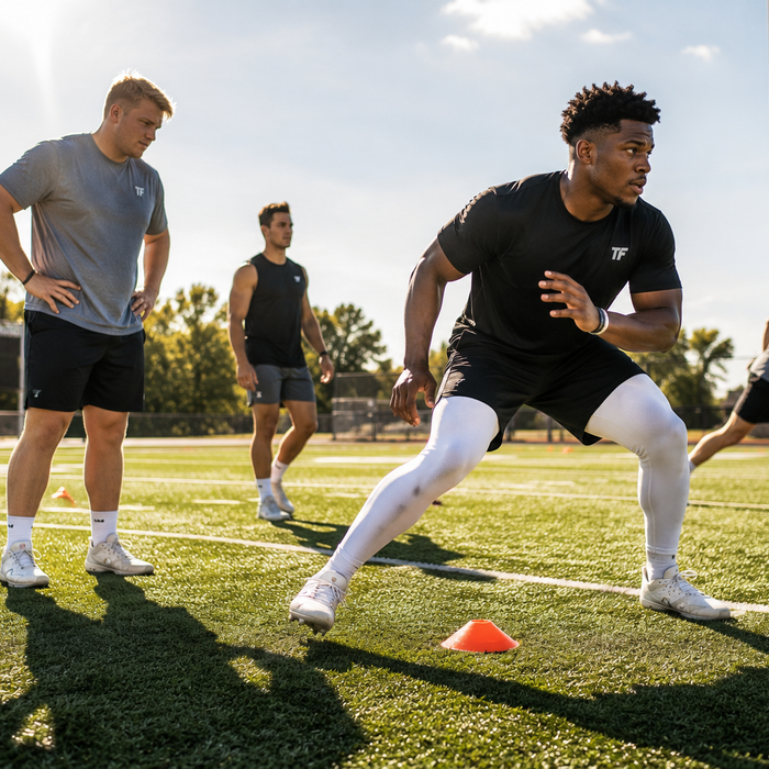 Football players performing agility drills on the field during an off-season strength and conditioning workout.