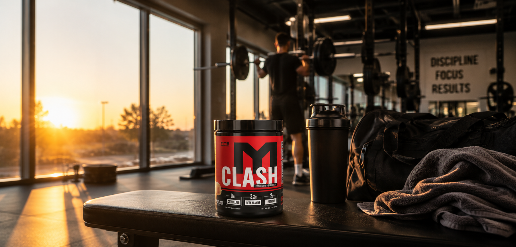 MTS Clash pre-workout supplement on a gym bench with a shaker, workout bag, and athlete training in the background during an early morning sunrise.