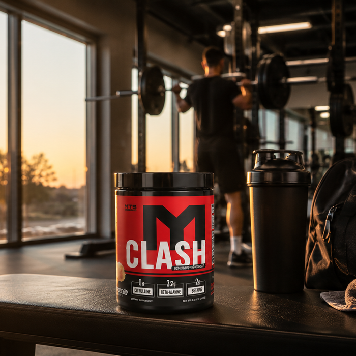 MTS Clash pre-workout supplement on a gym bench with a shaker, workout bag, and athlete training in the background during an early morning sunrise.