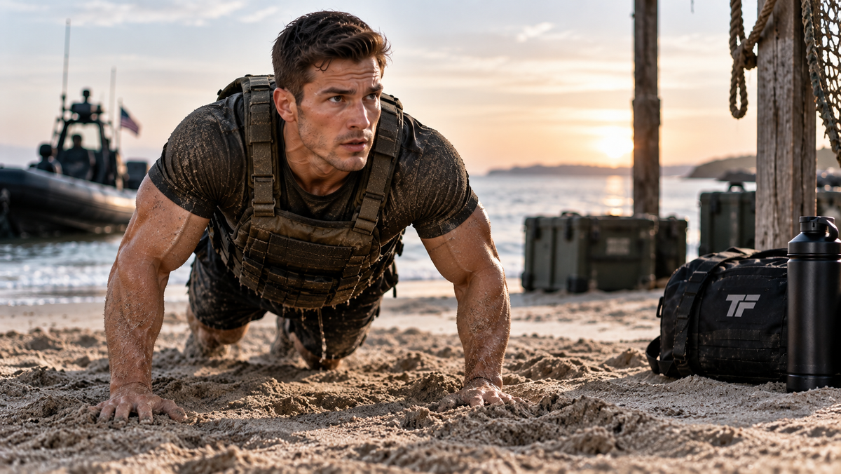 Athlete performing a beach crawl in a weighted vest during a Navy SEAL-style conditioning workout near the shoreline.
