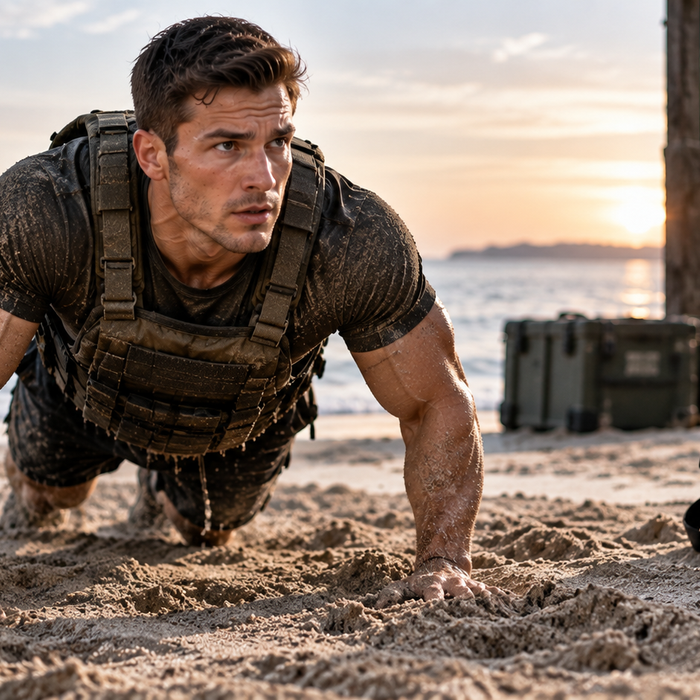 Athlete performing a beach crawl in a weighted vest during a Navy SEAL-style conditioning workout near the shoreline.