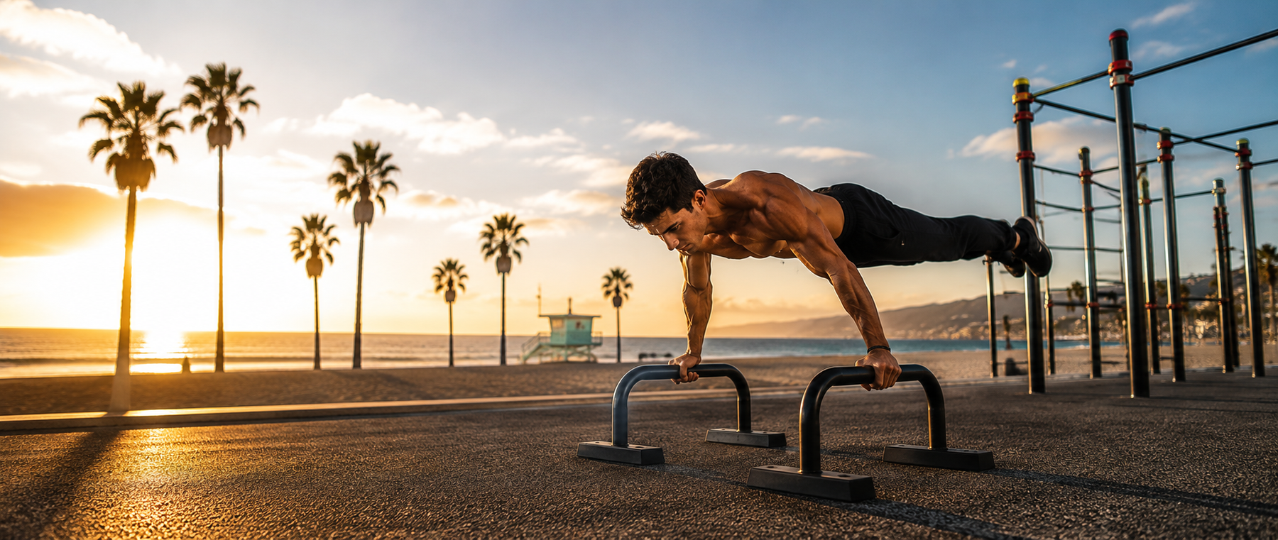 Calisthenics athlete performing a planche on parallel bars at an outdoor beach gym during sunset