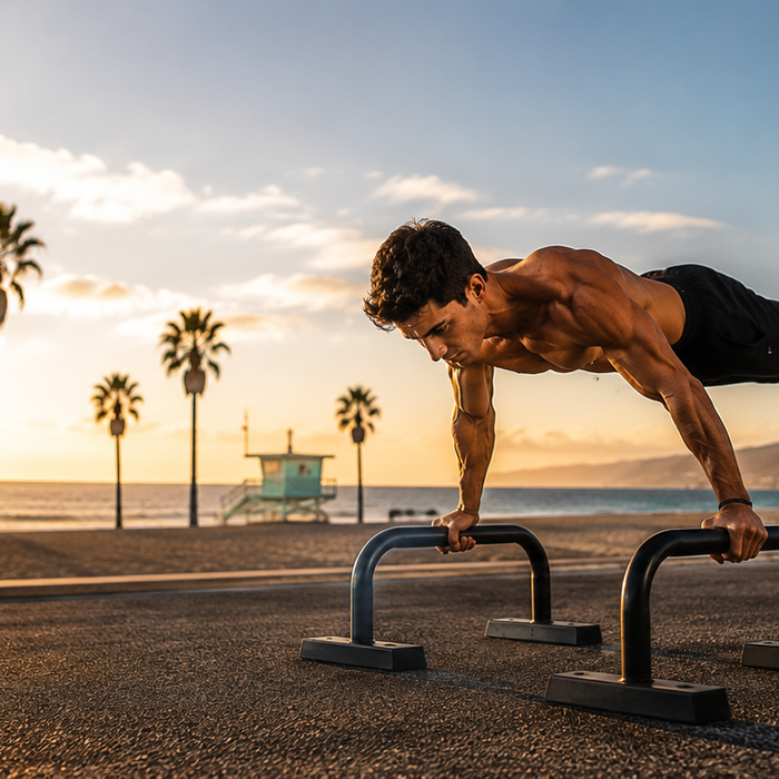 Calisthenics athlete performing a planche on parallel bars at an outdoor beach gym during sunset