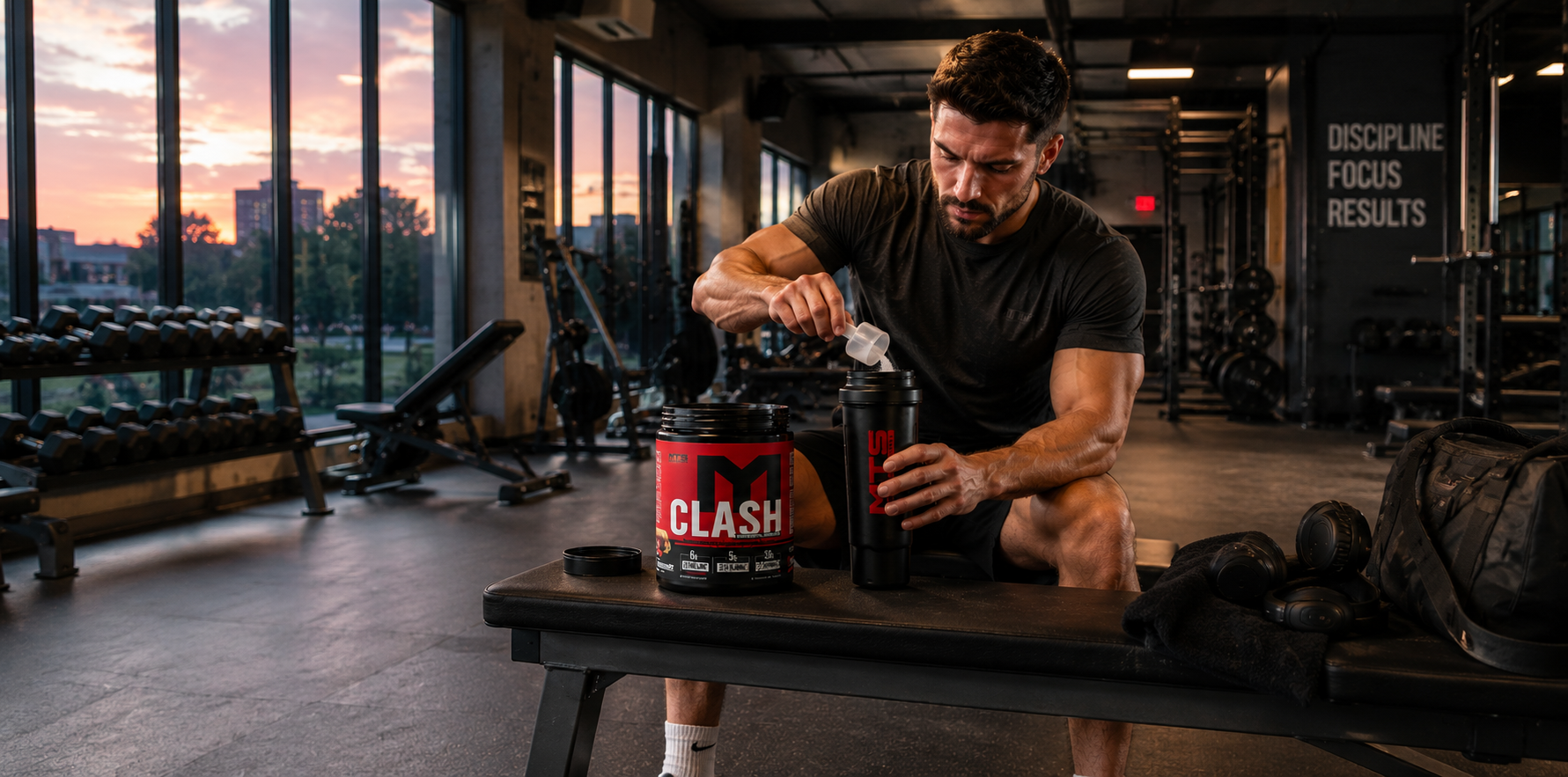 Man preparing MTS Clash pre-workout in a bright gym during an evening workout with a city sunset in the background.