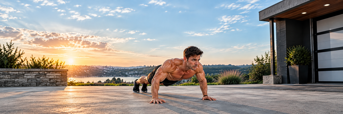 Man performing a push-up for a 4 day no equipment muscle building program