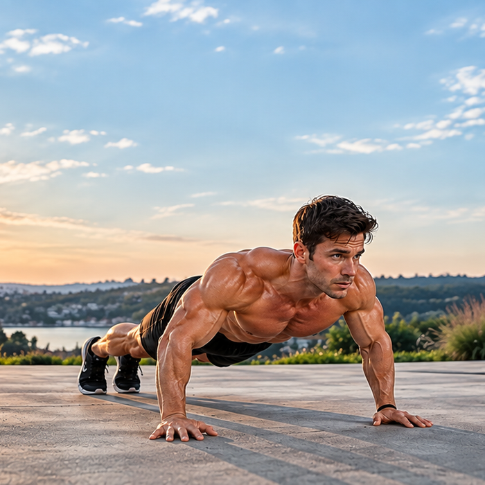 Man performing a push-up for a 4 day no equipment muscle building program