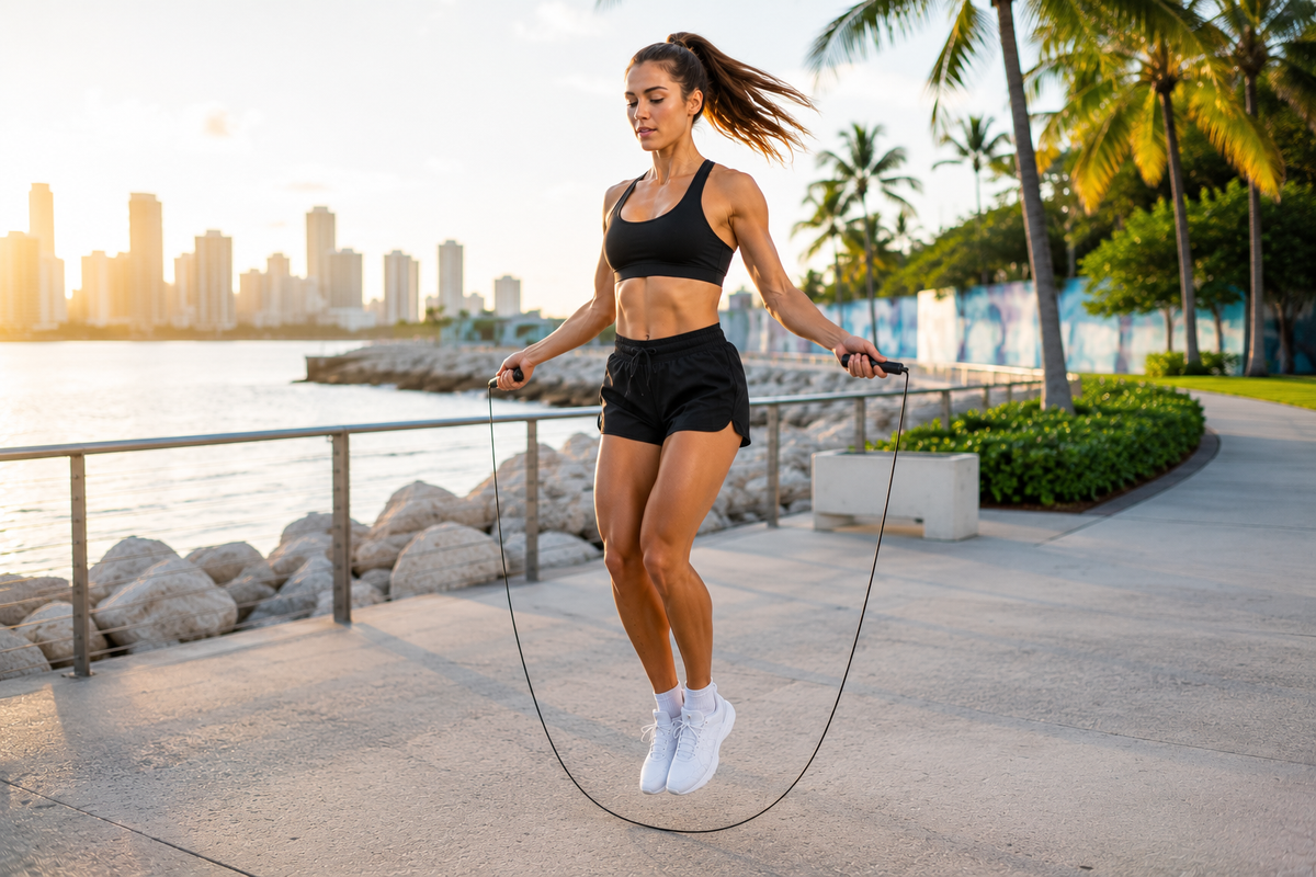 Athletic woman jumping rope outdoors along a waterfront path as part of a six-week jump rope workout plan.