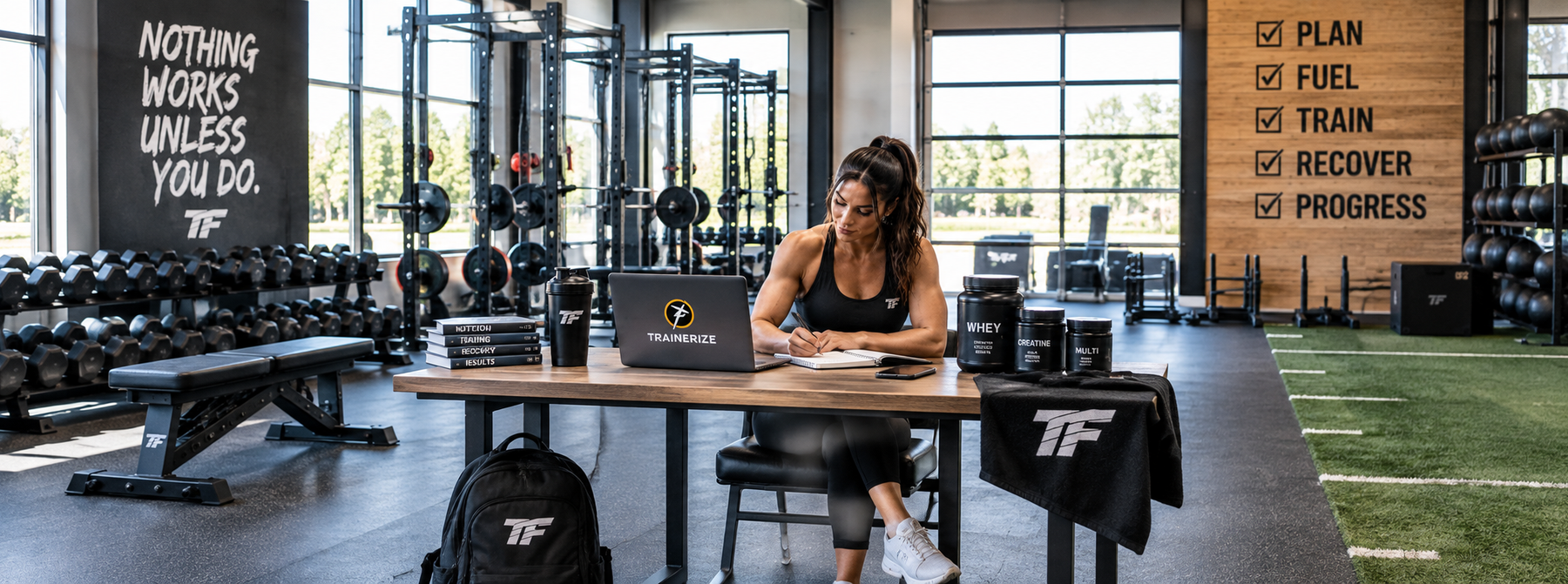 Female fitness coach using Trainerize on a laptop to set up a supplement protocol in a bright, modern Tiger Fitness gym.