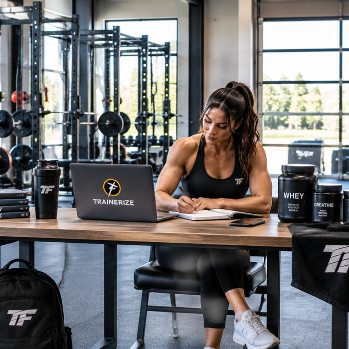 Female fitness coach using Trainerize on a laptop to set up a supplement protocol in a bright, modern Tiger Fitness gym.