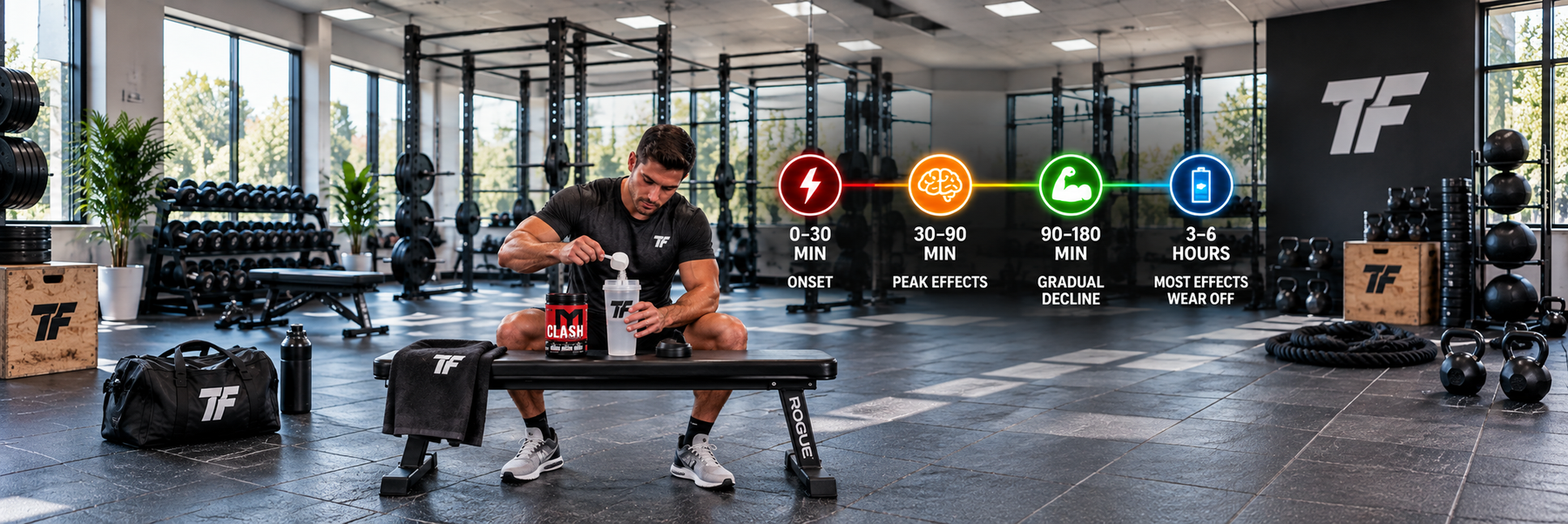 Athlete preparing MTS Clash pre-workout in a gym with a timeline showing how long pre-workout effects typically last.
