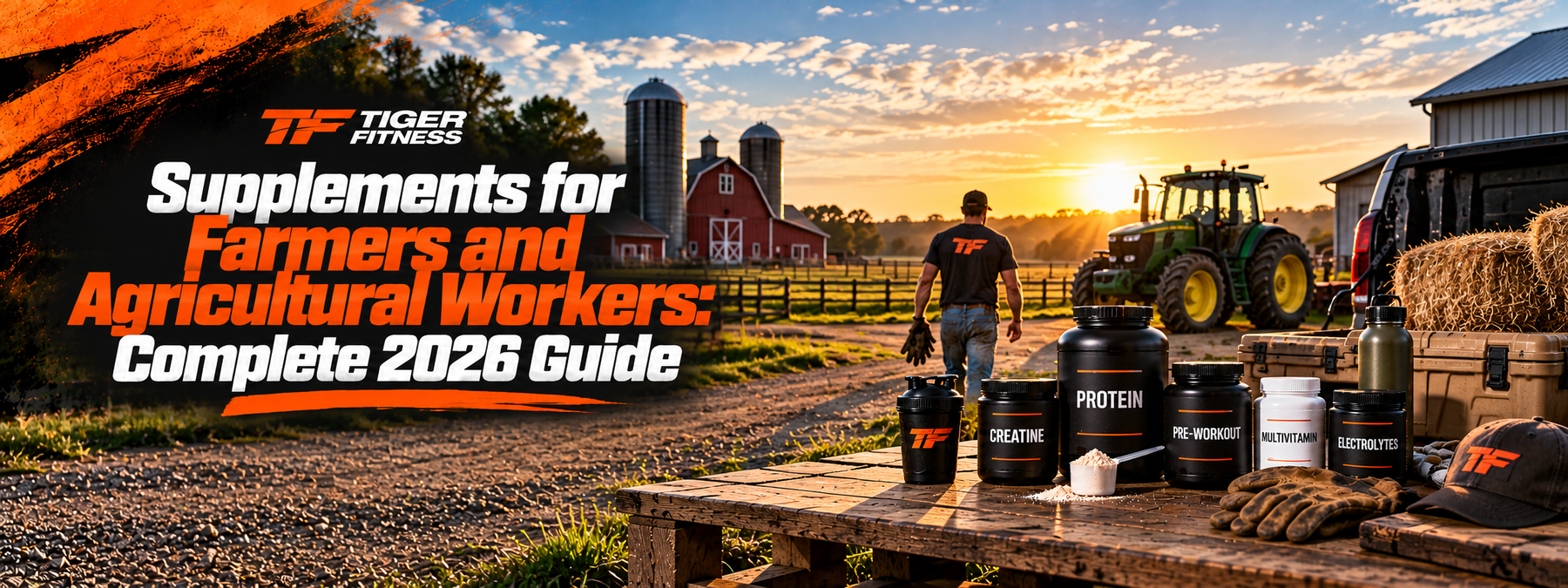 Tiger Fitness banner featuring a farmer walking through a farm at sunset with a tractor, barn, and supplement containers labeled protein, creatine, pre-workout, multivitamin, and electrolytes