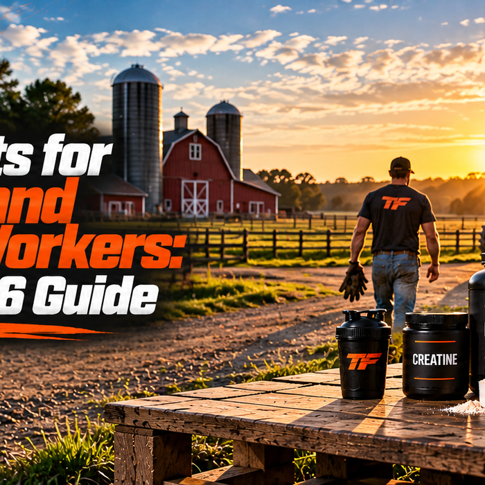 Tiger Fitness banner featuring a farmer walking through a farm at sunset with a tractor, barn, and supplement containers labeled protein, creatine, pre-workout, multivitamin, and electrolytes