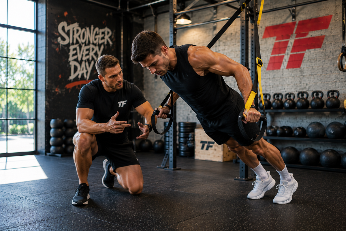 Athletic man performing a suspension chest press while a trainer coaches his form in a modern gym.