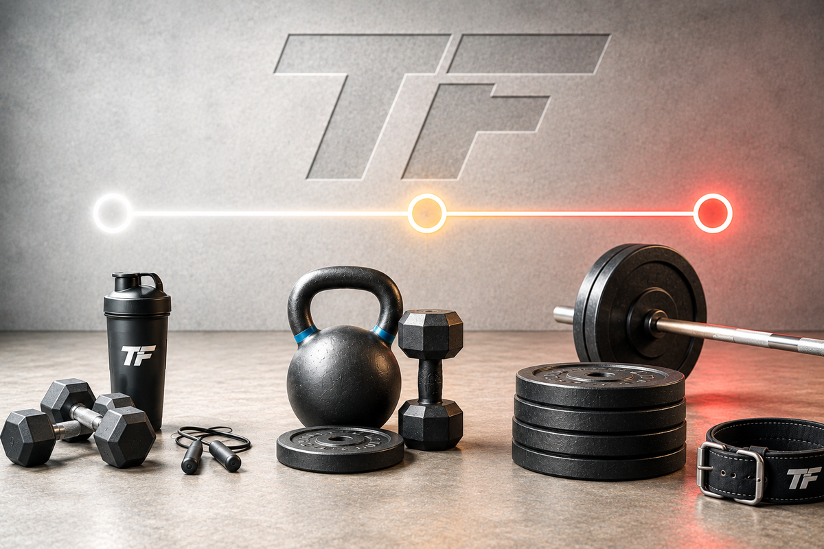 Beginner to advanced training roadmap shown with progressively heavier strength equipment, including dumbbells, kettlebells, weight plates, and a barbell