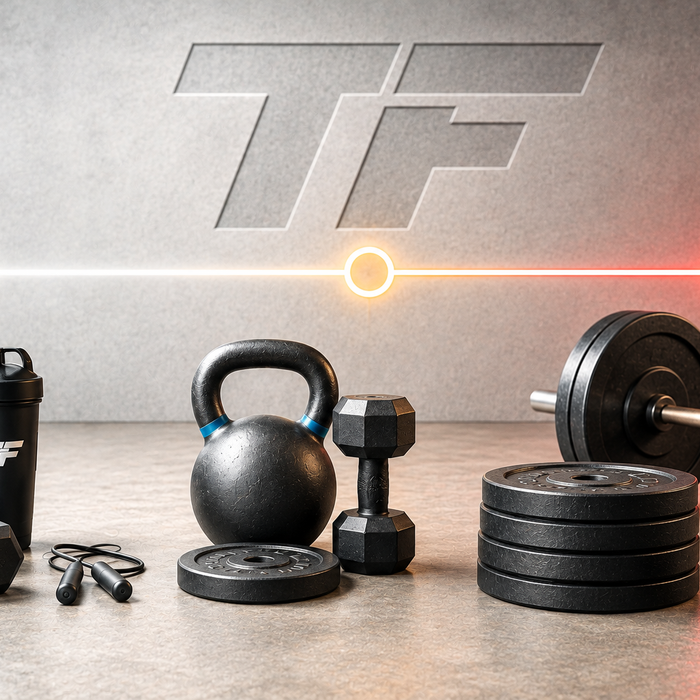Beginner to advanced training roadmap shown with progressively heavier strength equipment, including dumbbells, kettlebells, weight plates, and a barbell