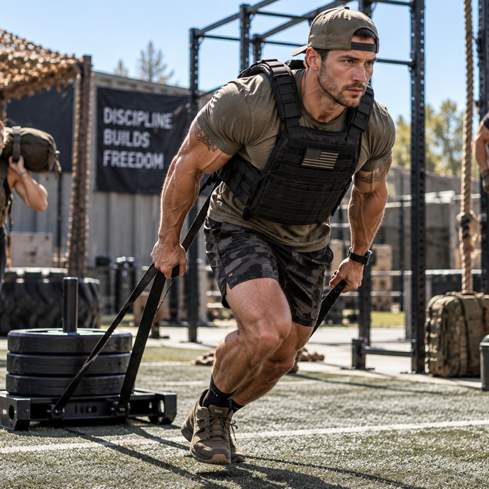 Athletes performing sled drags, sandbag carries, and conditioning exercises during an outdoor tactical fitness workout.