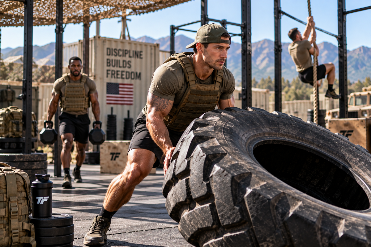 Military-style athletes performing tire flips, loaded carries, and rope climbs during an outdoor strength and conditioning workout. Tiger Fitness