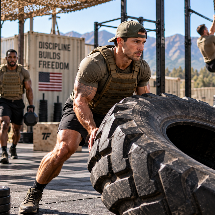 Military-style athletes performing tire flips, loaded carries, and rope climbs during an outdoor strength and conditioning workout. Tiger Fitness