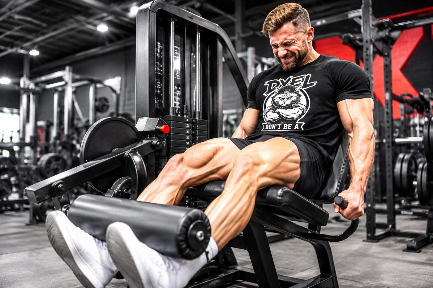 Muscular man performing intense leg extensions in a bright gym while wearing a black DVEL graphic T-shirt.