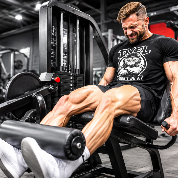 Muscular man performing intense leg extensions in a bright gym while wearing a black DVEL graphic T-shirt.