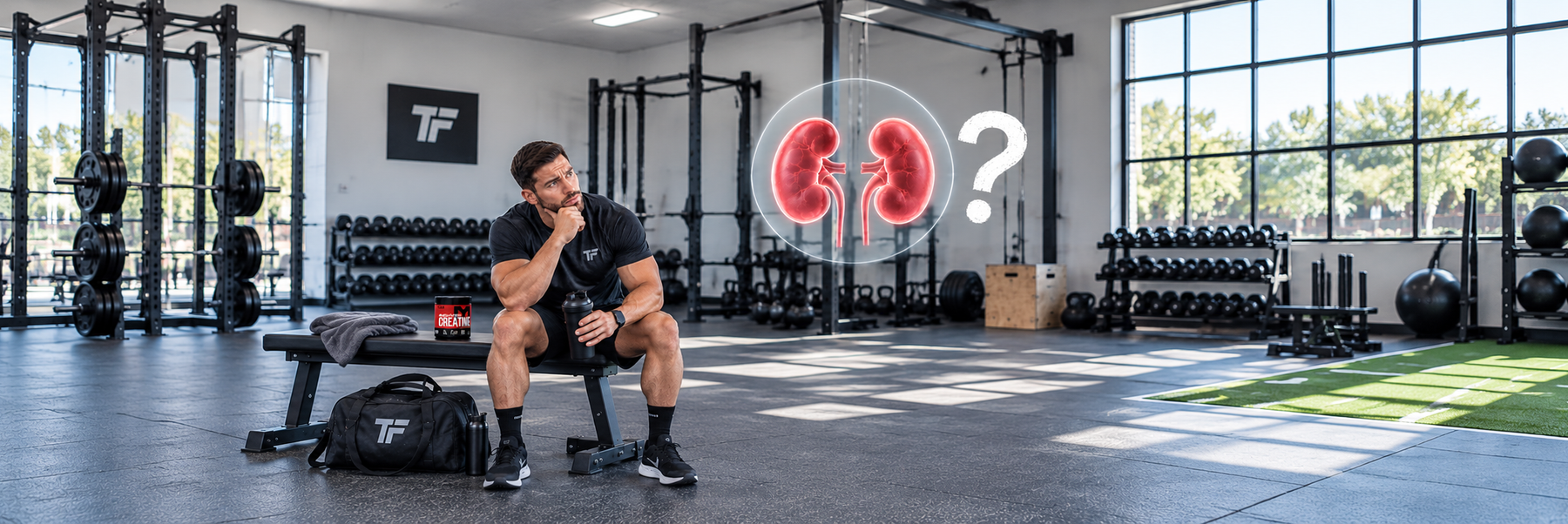 Athlete with creatine in a gym looking at a kidney graphic illustrating concerns about creatine and kidney damage.