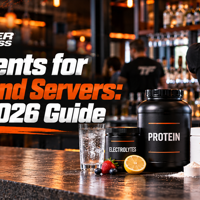 Tiger Fitness banner featuring a bartender preparing drinks behind a bar with protein, creatine, electrolytes, pre-workout, and multivitamin supplements