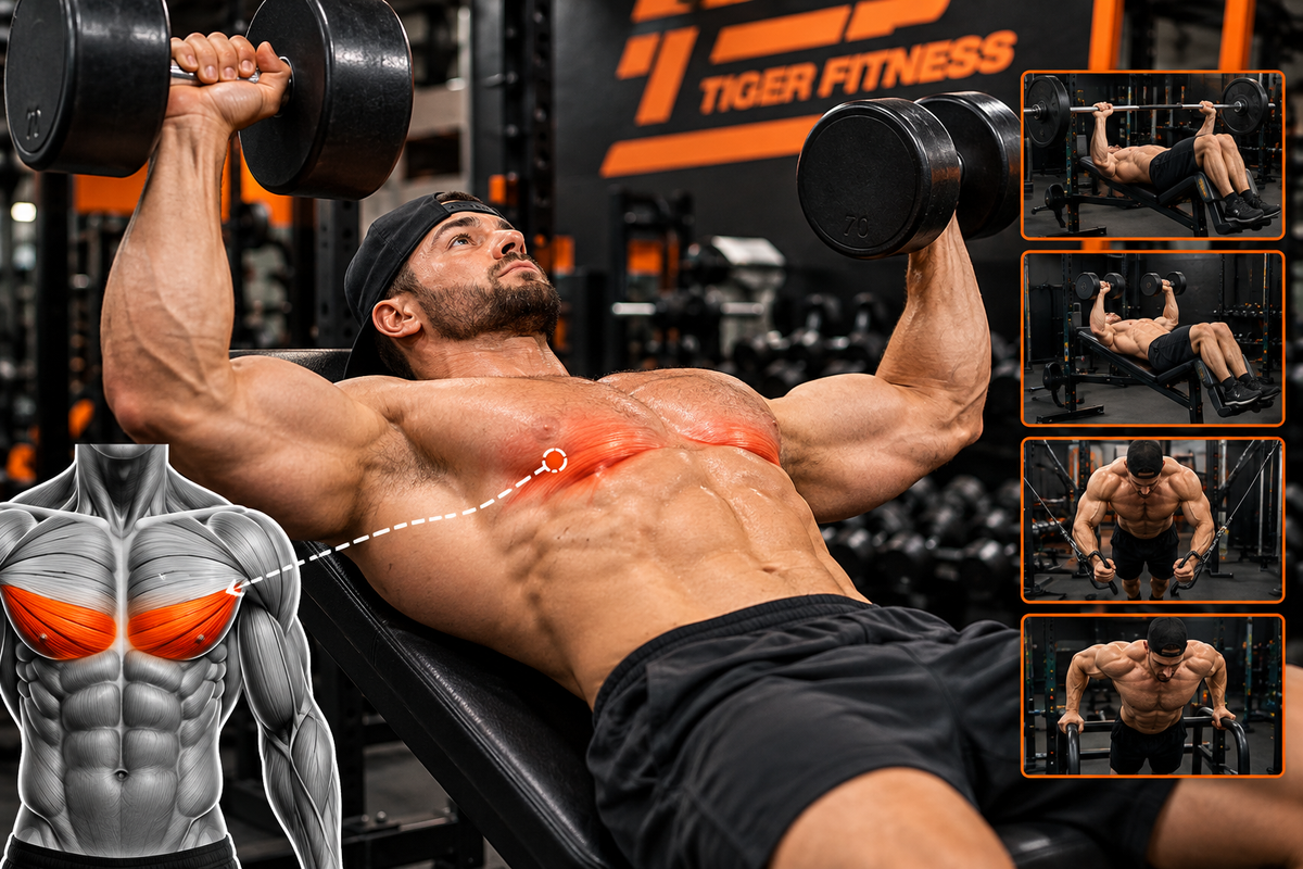 Muscular athlete performing a decline dumbbell press in a Tiger Fitness gym, with lower chest muscles highlighted and examples of lower chest exercises.