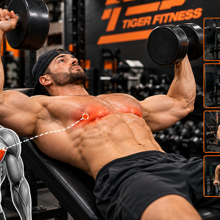 Muscular athlete performing a decline dumbbell press in a Tiger Fitness gym, with lower chest muscles highlighted and examples of lower chest exercises.