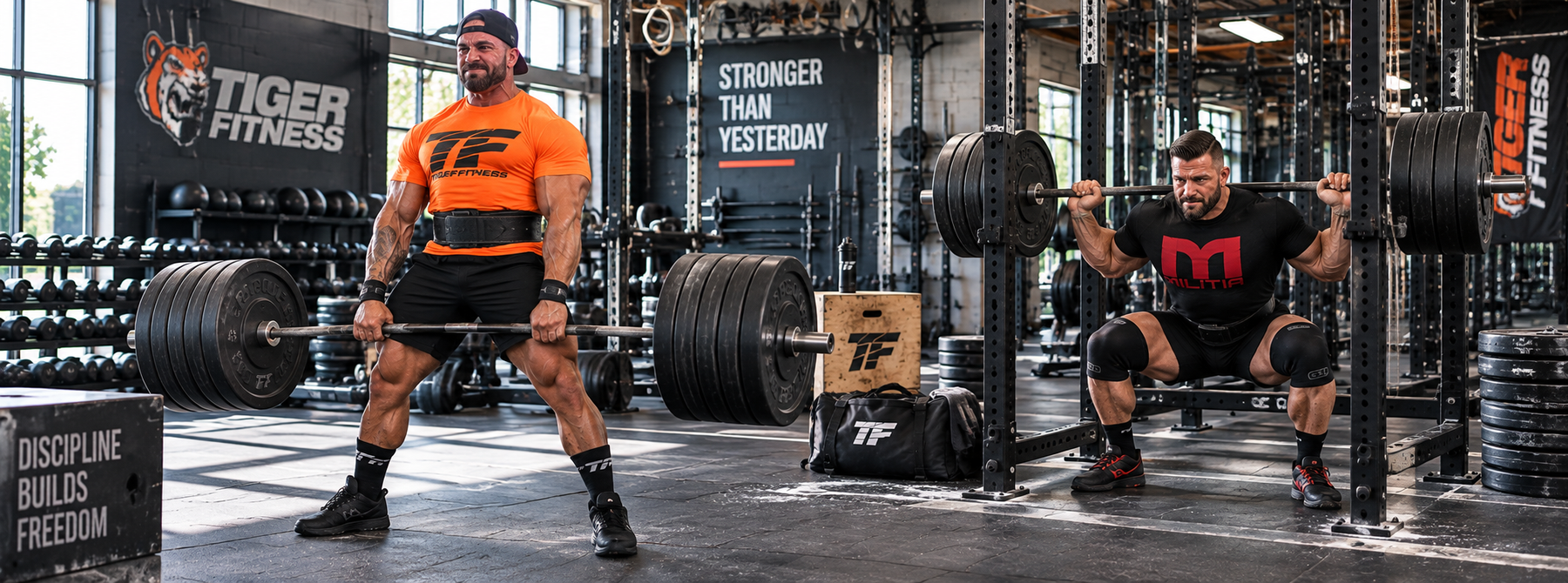 Two powerlifters wearing Tiger Fitness apparel performing heavy deadlifts and squats in a strength training gym.