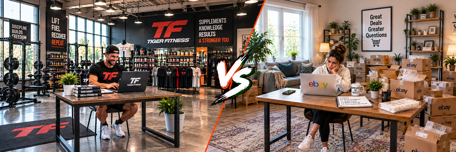 Tiger Fitness vs. eBay comparison showing a lifter shopping online with Tiger Fitness and a woman browsing eBay from home surrounded by delivery boxes.