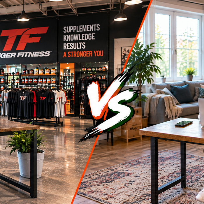 Tiger Fitness vs. eBay comparison showing a lifter shopping online with Tiger Fitness and a woman browsing eBay from home surrounded by delivery boxes.