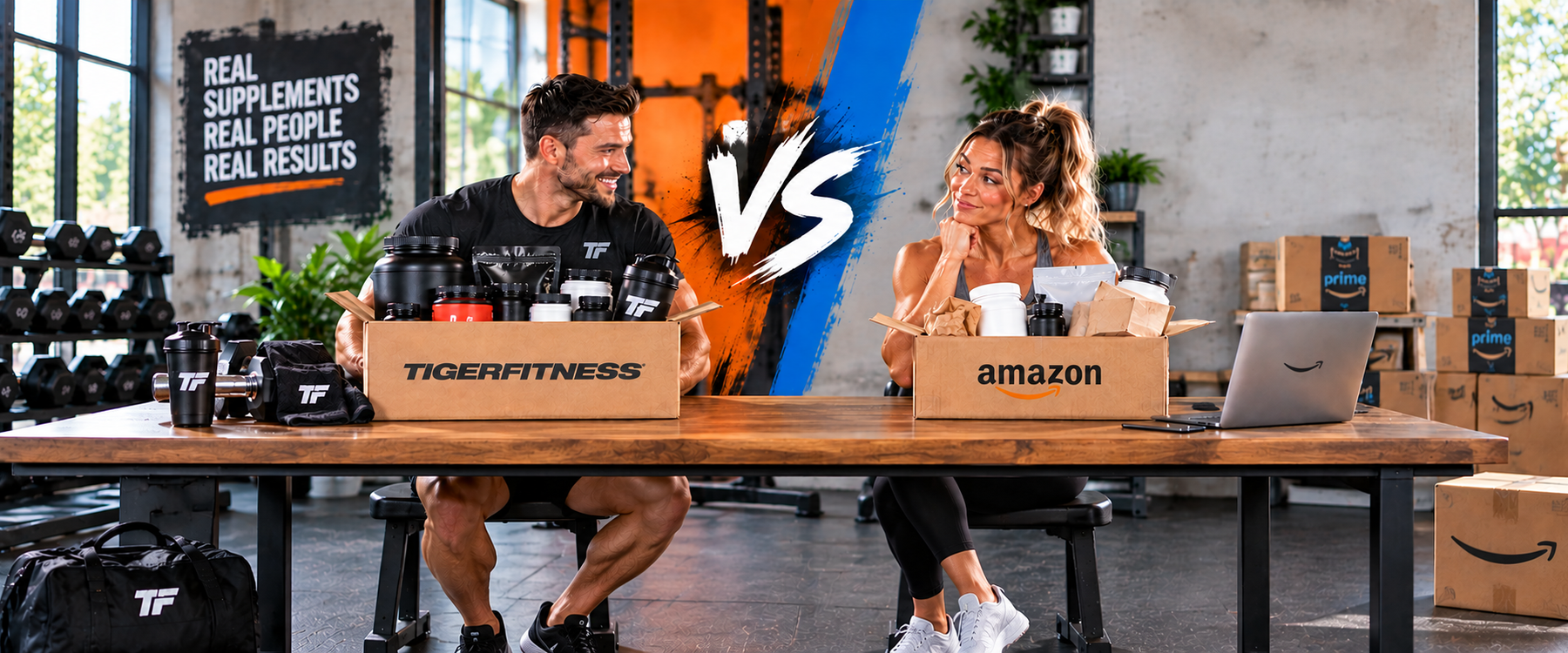 Tiger Fitness vs Amazon supplement comparison with fitness products and shipping boxes
