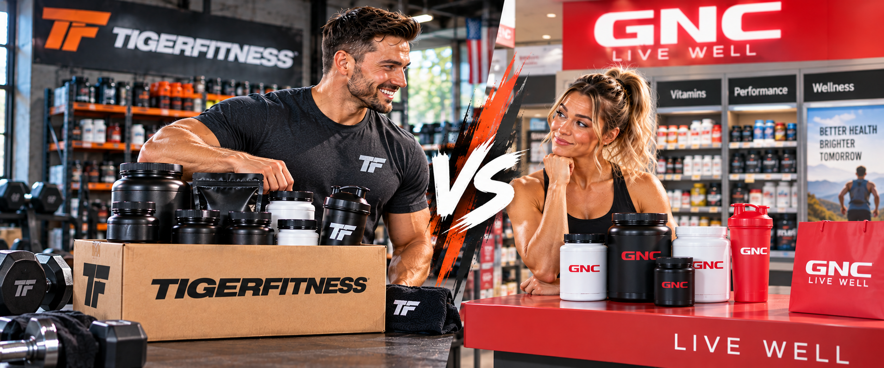 Tiger Fitness vs GNC supplement comparison with fitness products and gym setting