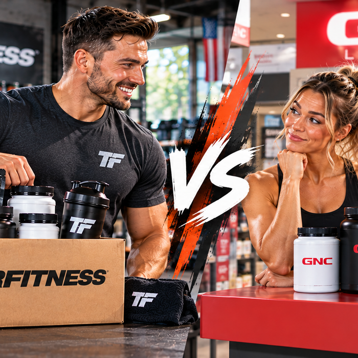 Tiger Fitness vs GNC supplement comparison with fitness products and gym setting